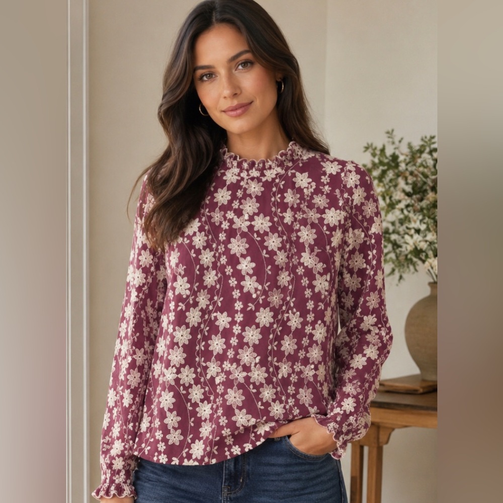 Sezane Floral Embroidered Long-Sleeve Top - Pink 36/ M